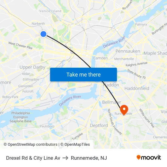 Drexel Rd & City Line Av to Runnemede, NJ map