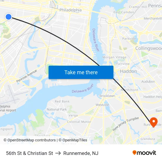 56th St & Christian St to Runnemede, NJ map
