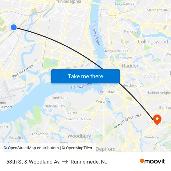 58th St & Woodland Av to Runnemede, NJ map