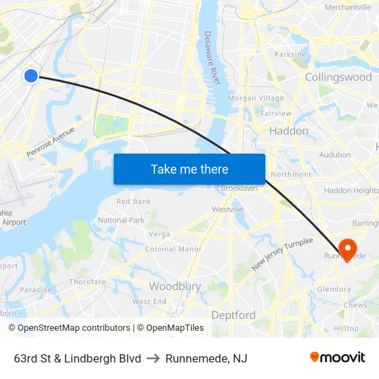 63rd St & Lindbergh Blvd to Runnemede, NJ map