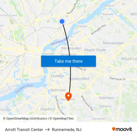 Arrott Transit Center to Runnemede, NJ map