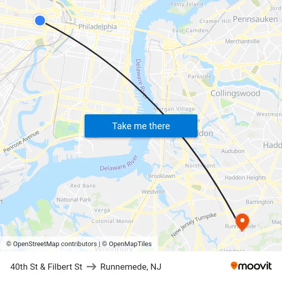 40th St & Filbert St to Runnemede, NJ map