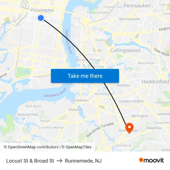 Locust St & Broad St to Runnemede, NJ map