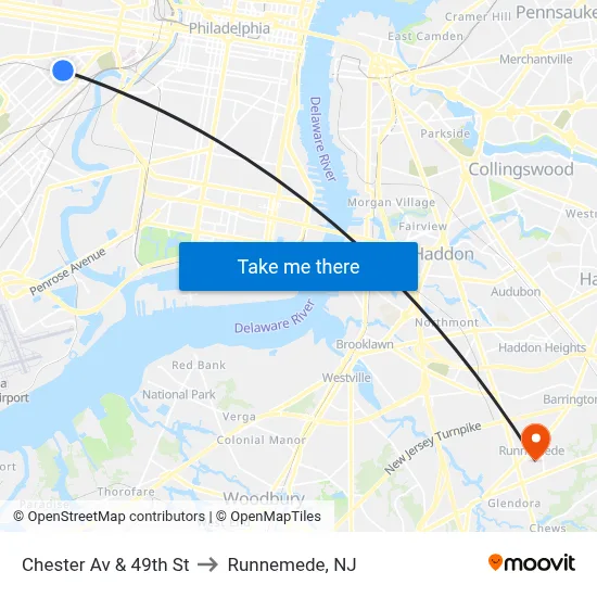 Chester Av & 49th St to Runnemede, NJ map