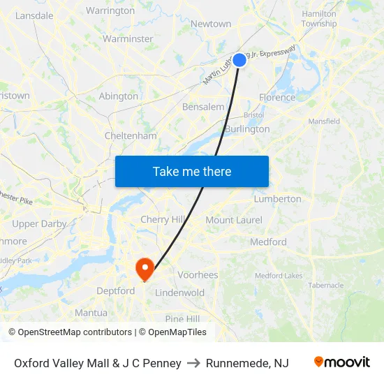 Oxford Valley Mall & J C Penney to Runnemede, NJ map