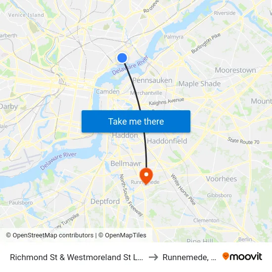 Richmond St & Westmoreland St Loop to Runnemede, NJ map