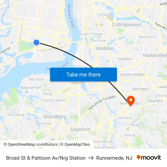 Broad St & Pattison Av/Nrg Station to Runnemede, NJ map