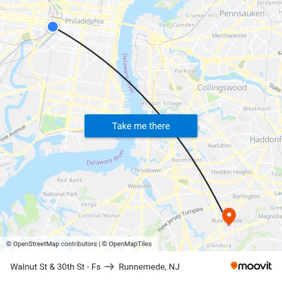 Walnut St & 30th St - Fs to Runnemede, NJ map