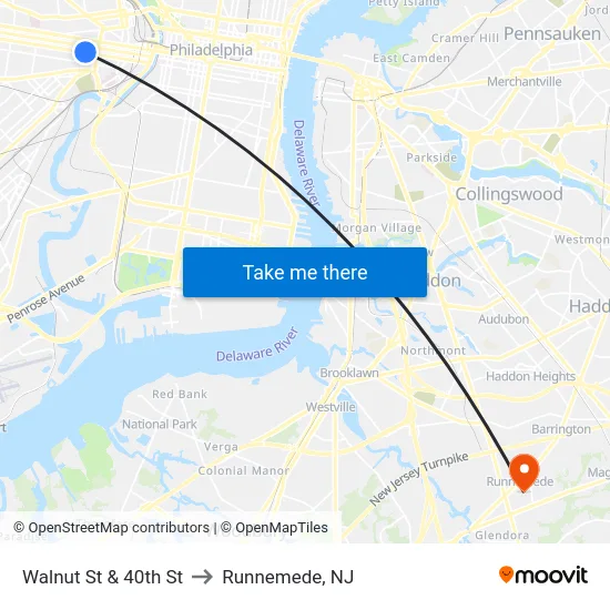 Walnut St & 40th St to Runnemede, NJ map