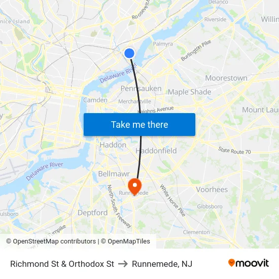 Richmond St & Orthodox St to Runnemede, NJ map