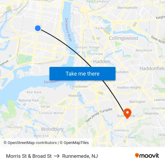 Morris St & Broad St to Runnemede, NJ map