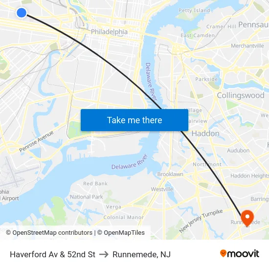 Haverford Av & 52nd St to Runnemede, NJ map