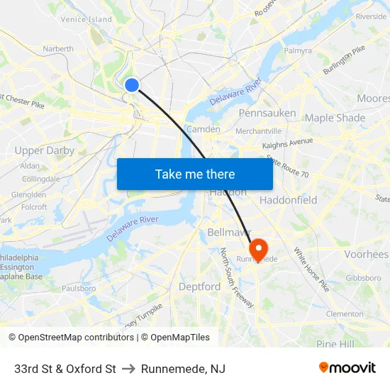 33rd St & Oxford St to Runnemede, NJ map