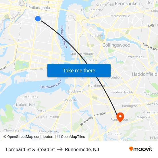 Lombard St & Broad St to Runnemede, NJ map