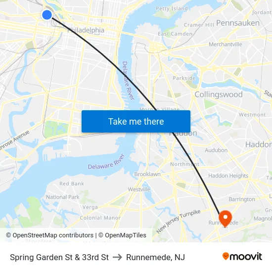 Spring Garden St & 33rd St to Runnemede, NJ map