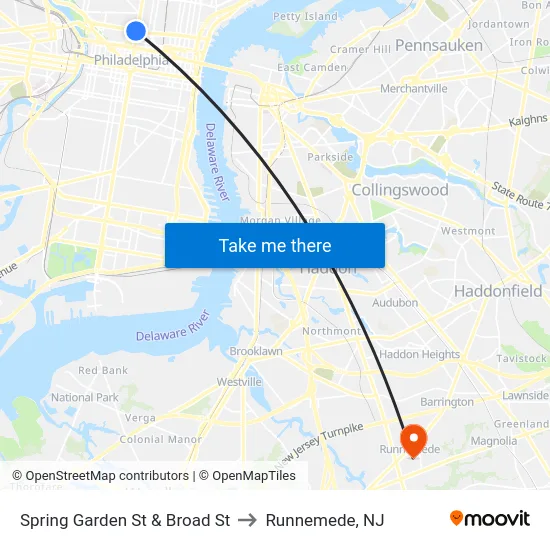 Spring Garden St & Broad St to Runnemede, NJ map