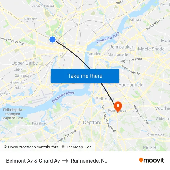 Belmont Av & Girard Av to Runnemede, NJ map