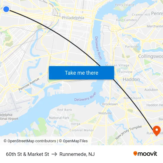 60th St & Market St to Runnemede, NJ map