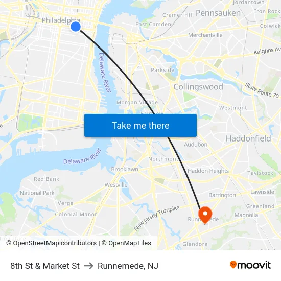 8th St & Market St to Runnemede, NJ map