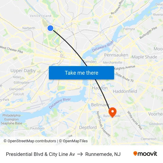 Presidential Blvd & City Line Av to Runnemede, NJ map