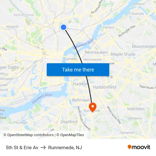 5th St & Erie Av to Runnemede, NJ map