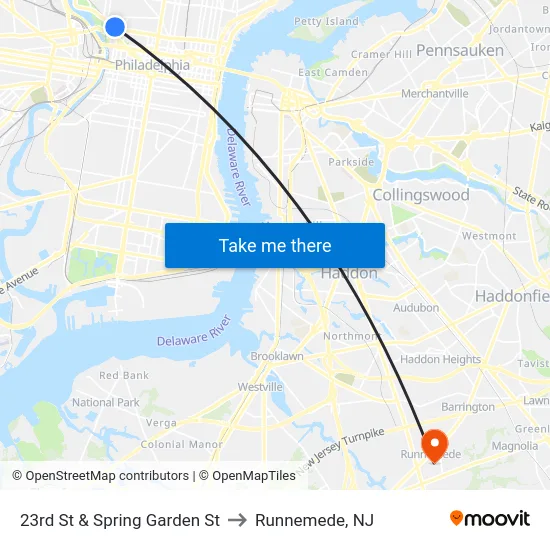 23rd St & Spring Garden St to Runnemede, NJ map
