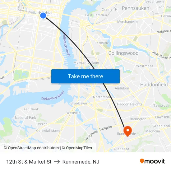 12th St & Market St to Runnemede, NJ map