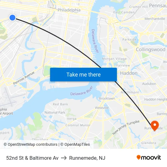 52nd St & Baltimore Av to Runnemede, NJ map
