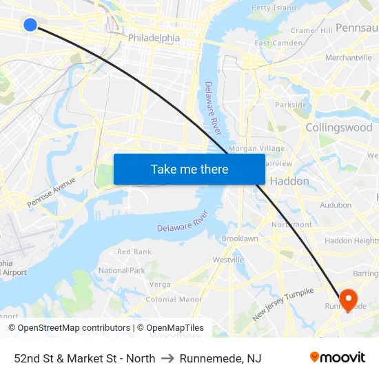52nd St & Market St - North to Runnemede, NJ map
