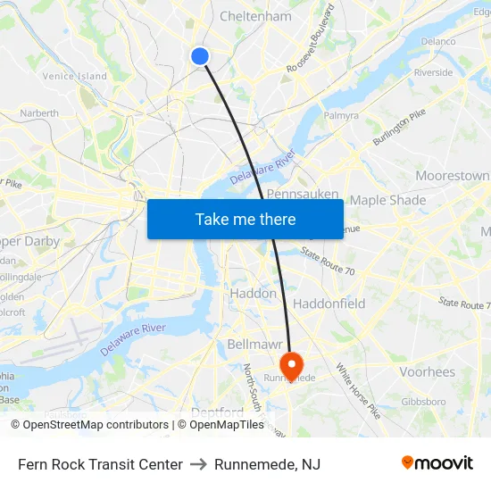 Fern Rock Transit Center to Runnemede, NJ map