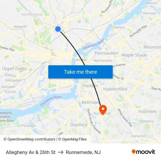 Allegheny Av & 26th St to Runnemede, NJ map