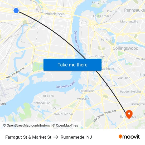 Farragut St & Market St to Runnemede, NJ map