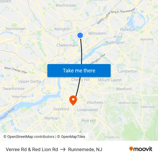 Verree Rd & Red Lion Rd to Runnemede, NJ map