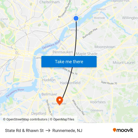 State Rd & Rhawn St to Runnemede, NJ map