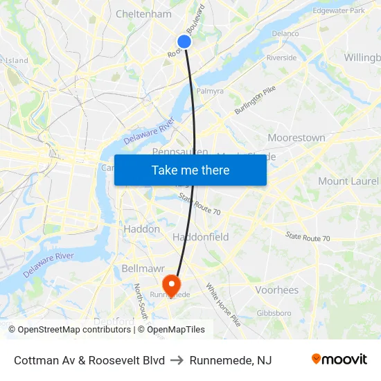 Cottman Av & Roosevelt Blvd to Runnemede, NJ map