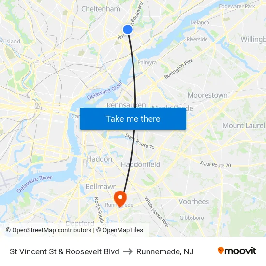 St Vincent St & Roosevelt Blvd to Runnemede, NJ map