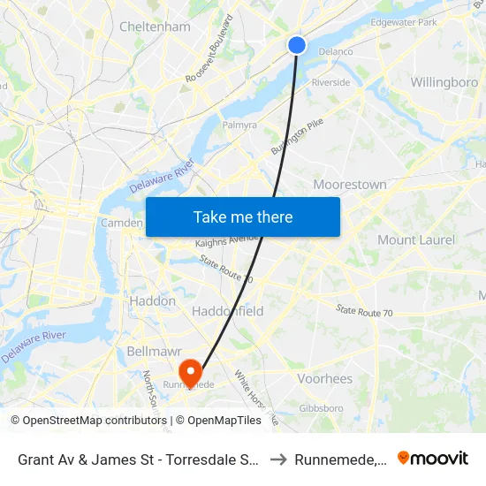 Grant Av & James St - Torresdale Station to Runnemede, NJ map