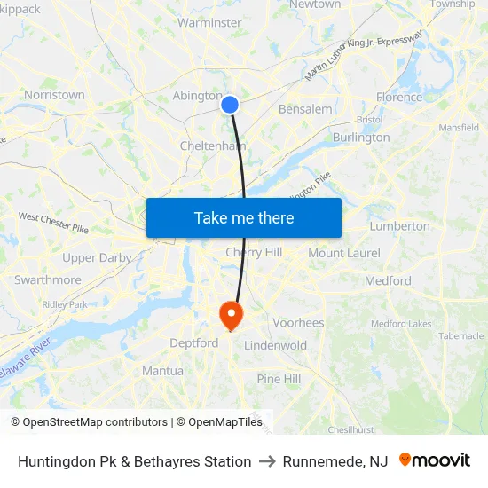 Huntingdon Pk & Bethayres Station to Runnemede, NJ map