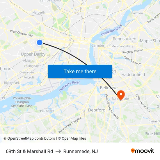 69th St & Marshall Rd to Runnemede, NJ map