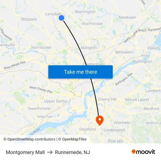 Montgomery Mall to Runnemede, NJ map