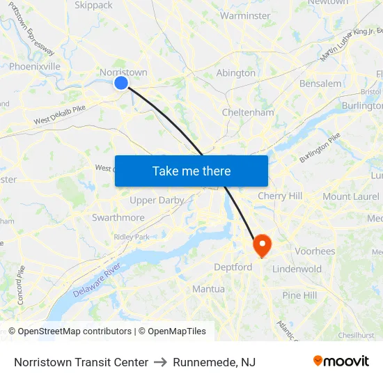 Norristown Transit Center to Runnemede, NJ map