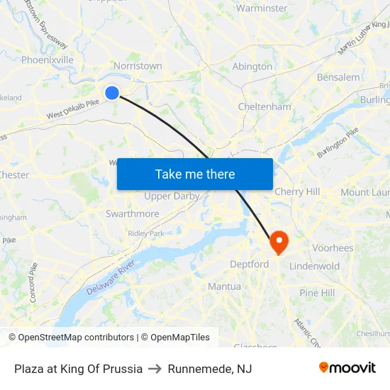 Plaza at King Of Prussia to Runnemede, NJ map