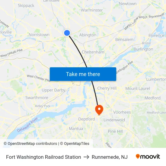 Fort Washington Railroad Station to Runnemede, NJ map