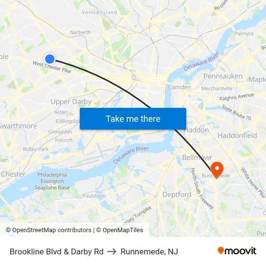 Brookline Blvd & Darby Rd to Runnemede, NJ map