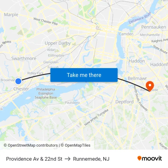 Providence Av & 22nd St to Runnemede, NJ map