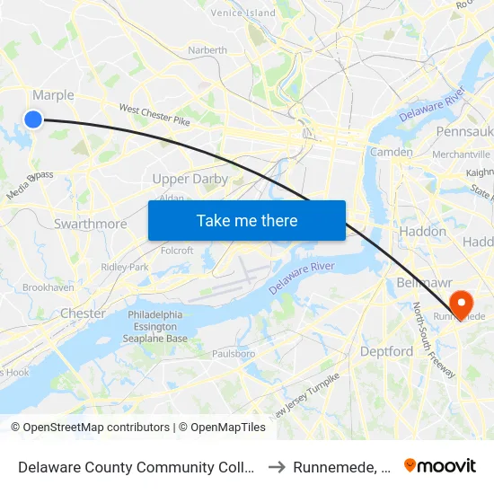 Delaware County Community College to Runnemede, NJ map