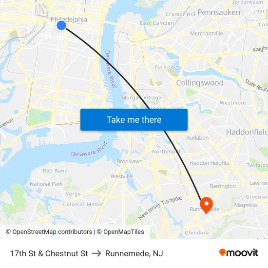 17th St & Chestnut St to Runnemede, NJ map