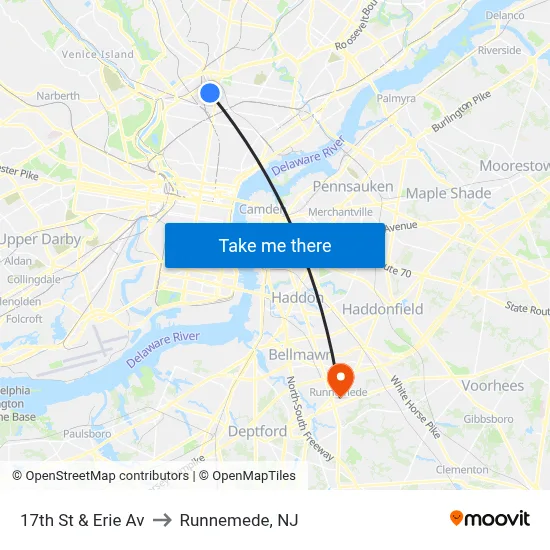 17th St & Erie Av to Runnemede, NJ map