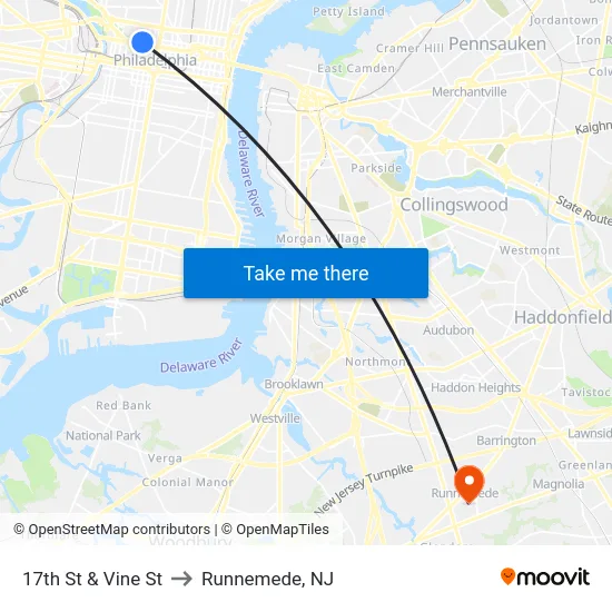 17th St & Vine St to Runnemede, NJ map