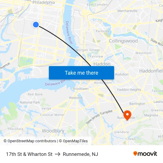 17th St & Wharton St to Runnemede, NJ map